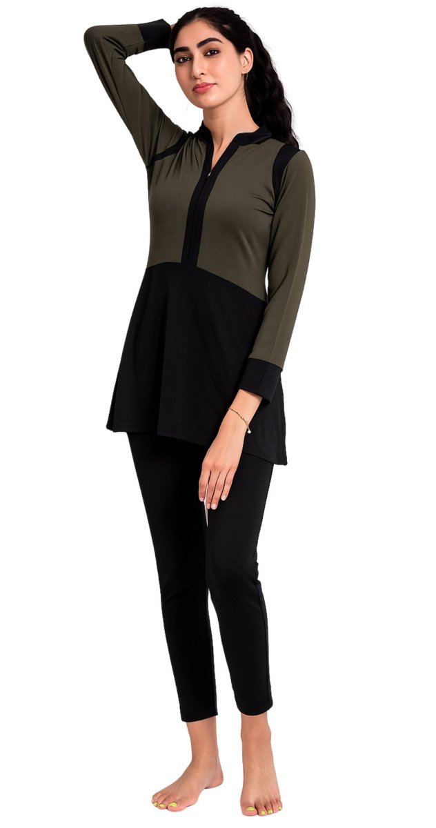 3 in 1 Blue Two - Tone Olive & Black Burkini Set - Bare Essentials