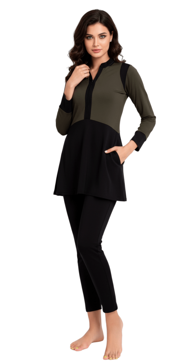 3 in 1 Blue Two - Tone Olive & Black Burkini Set - Bare Essentials