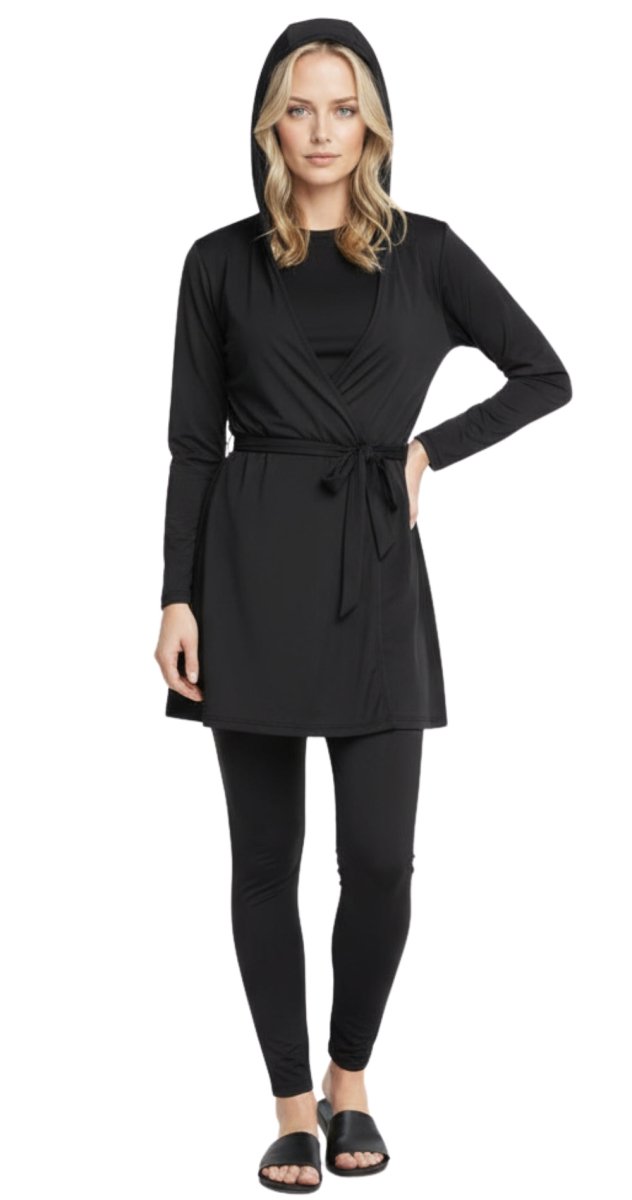 3 - in - 1 Plain Black Belted Burkini - Bare Essentials