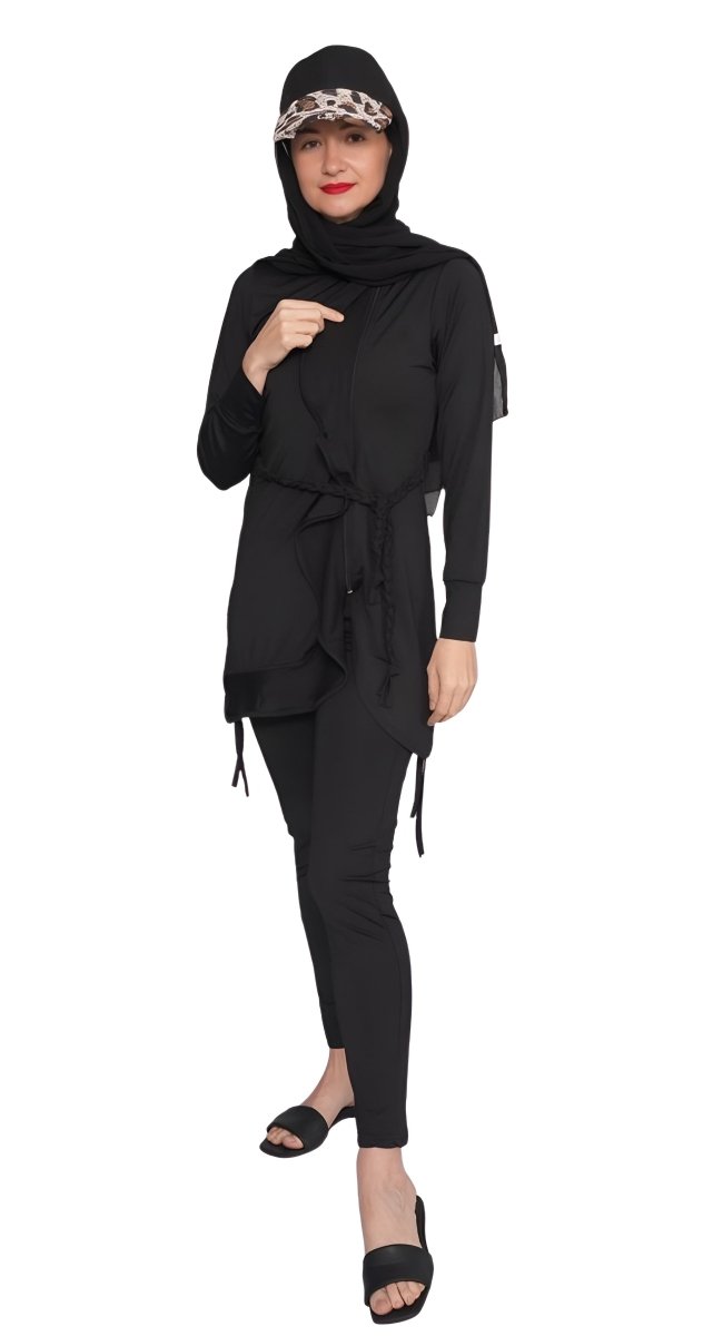 3 - in - 1 Plain Black Belted Burkini - Bare Essentials