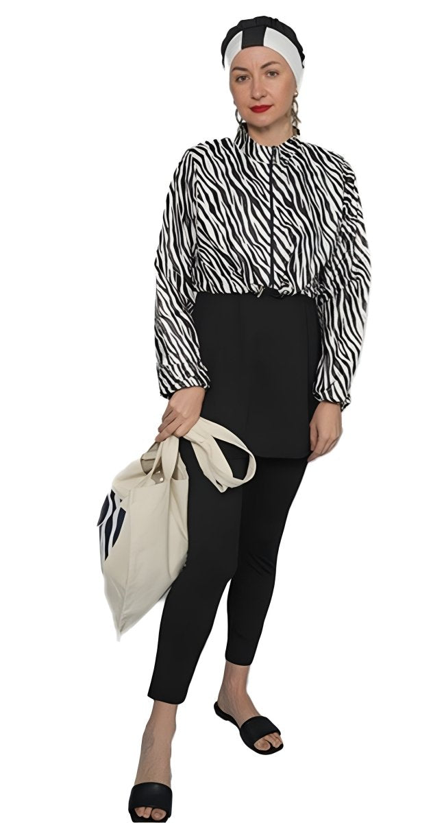 5 - in - 1 Black & White Zebra Print Burkini - Bare Essentials