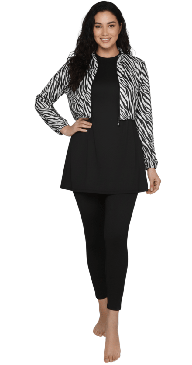 5 - in - 1 Black & White Zebra Print Burkini - Bare Essentials