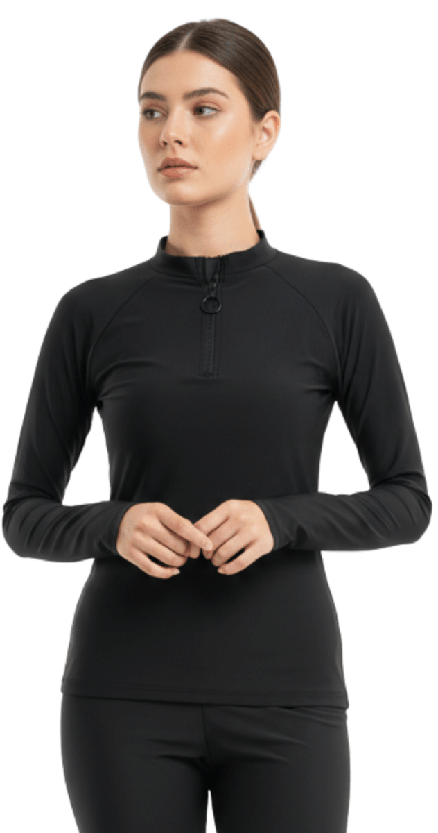 Black rashguard modest swimwear Dubai styled with swim leggings