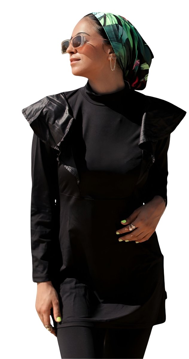 Black Satin Ruffle Burkini - Bare Essentials