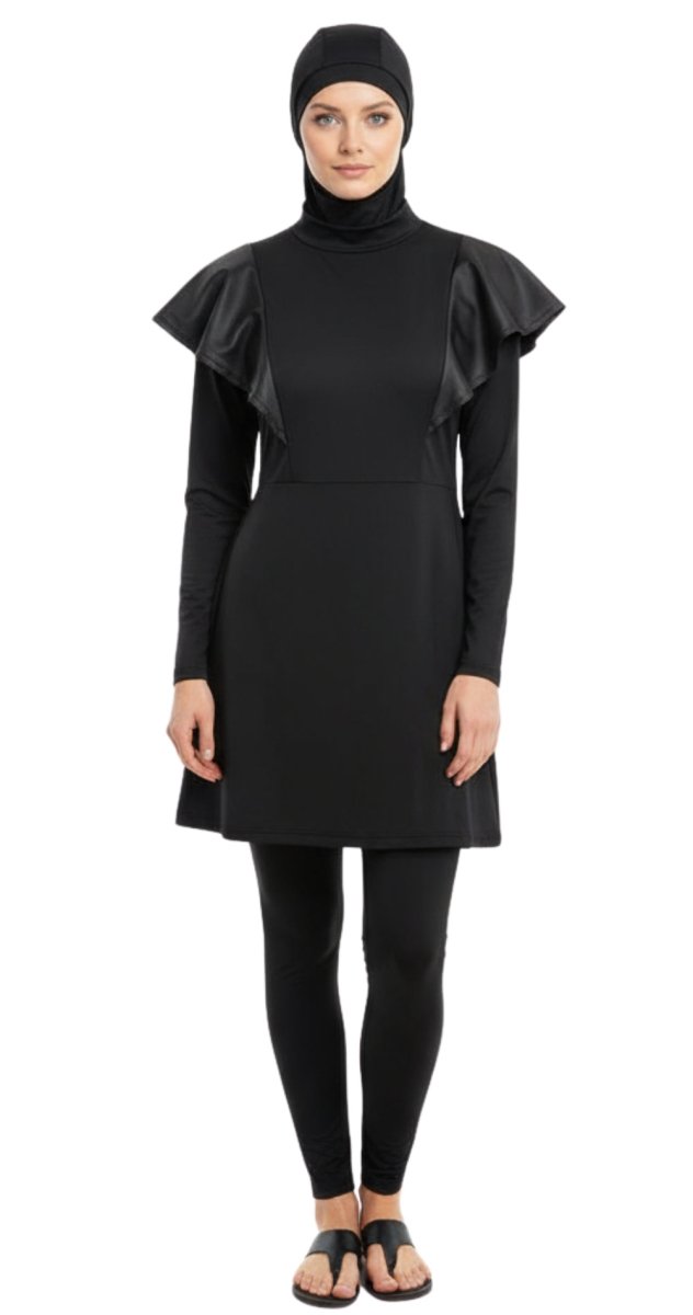 Black Satin Ruffle Burkini - Bare Essentials
