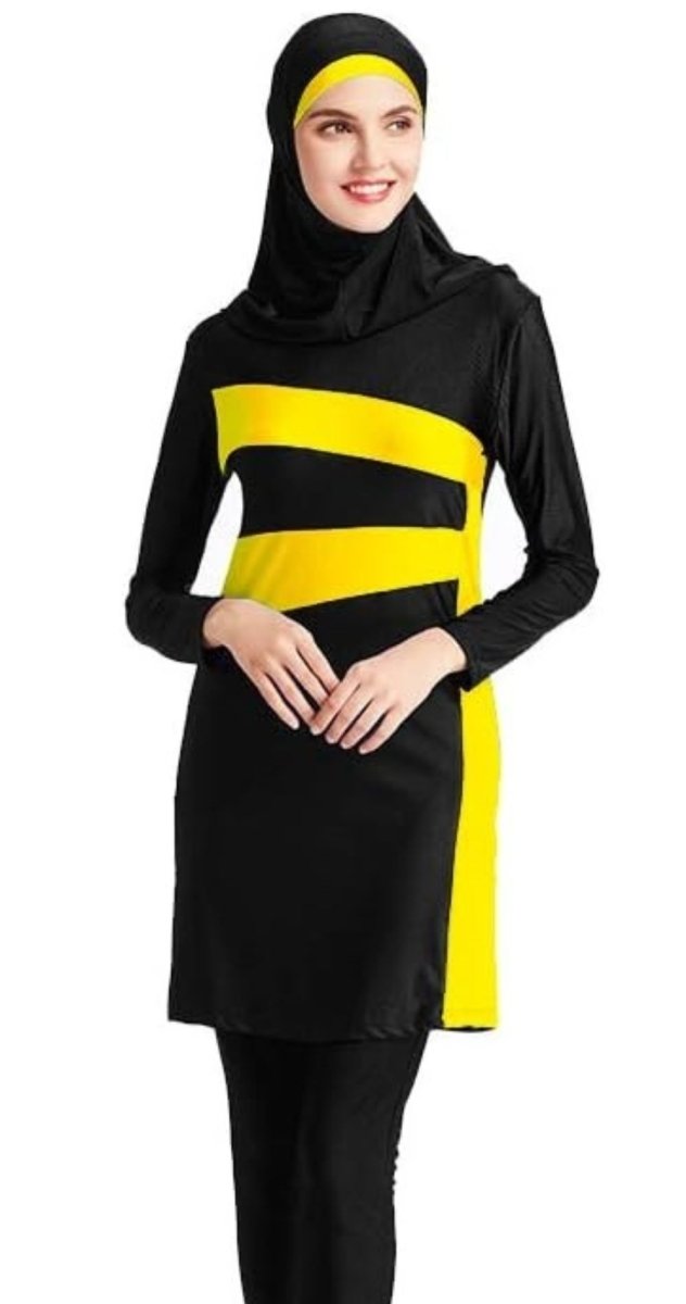 Black & Yellow - 3 - Piece Full Coverage Burkini Set - Bare Essentials
