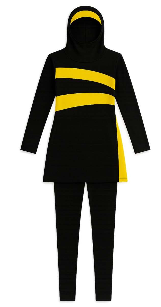 Black & Yellow - 3 - Piece Full Coverage Burkini Set - Bare Essentials
