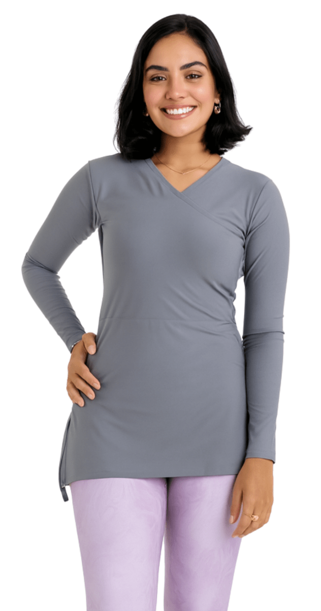 Modest grey swim top styled with swim leggings Bare Essentials Dubai