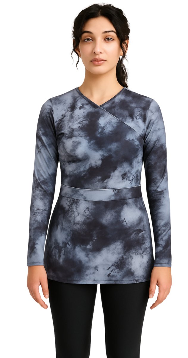 Printed modest swim top styled with swim leggings Bare Essentials Dubai