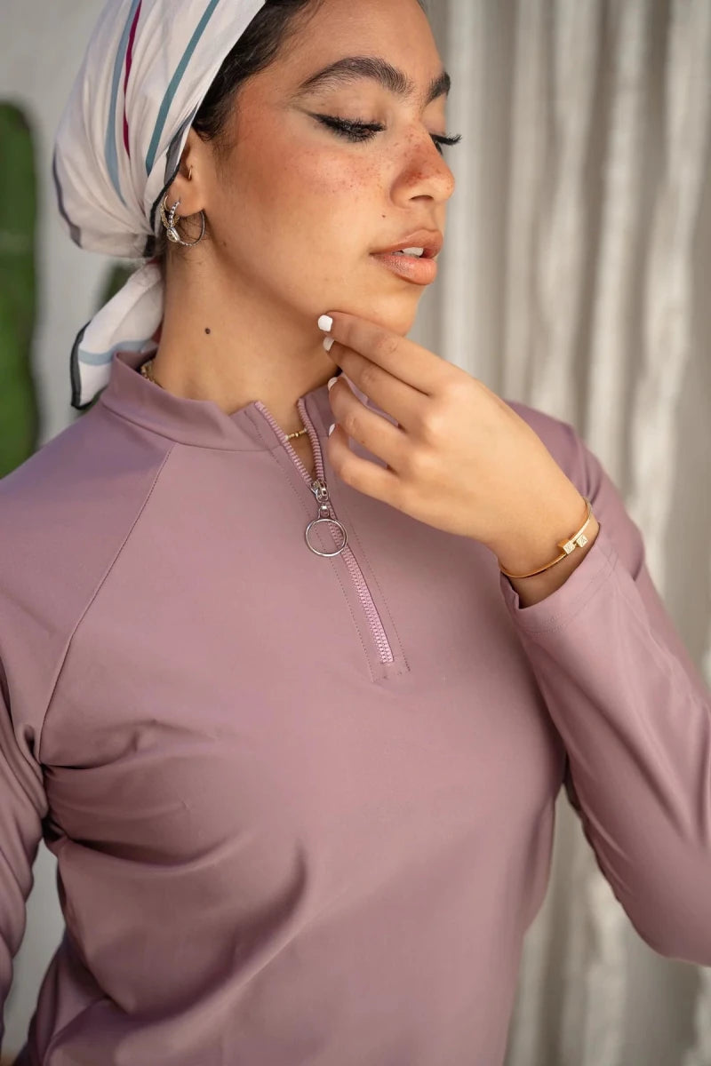 Dusty mauve zip front rashguard UV swim top Bare Essentials Dubai