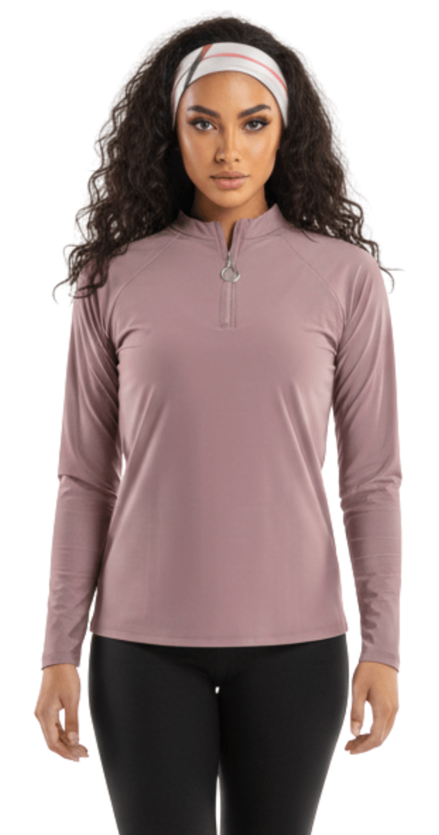 Dusty mauve rashguard modest swimwear Dubai styled with swim leggings