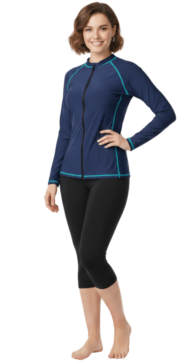 Long sleeve UPF50 blue rashguard with swim leggings Bare Essentials