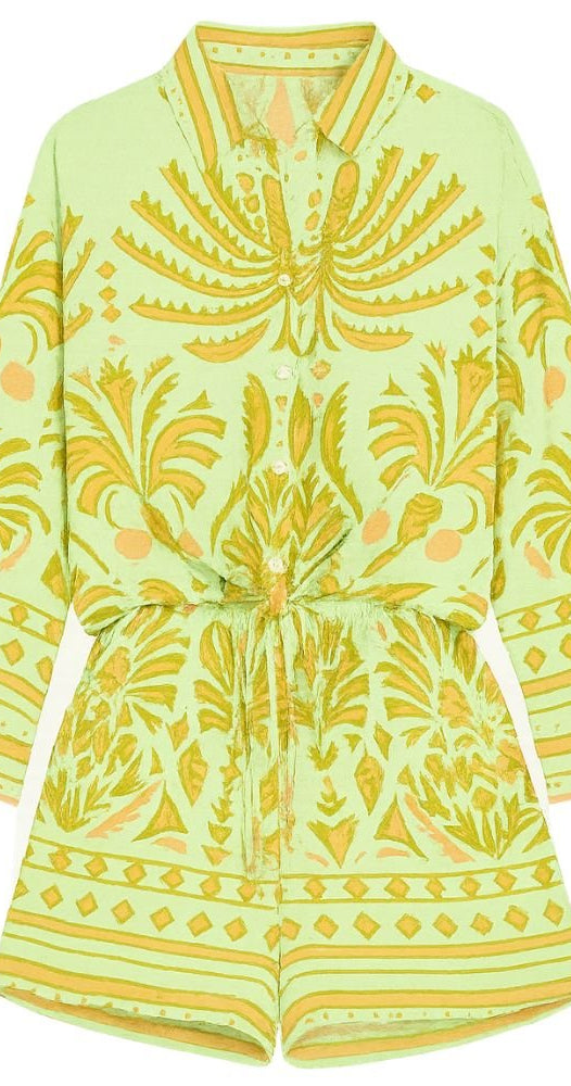 Green & Yellow Printed Co - Ord Set - Long Sleeve Shirt & Shorts - Bare Essentials