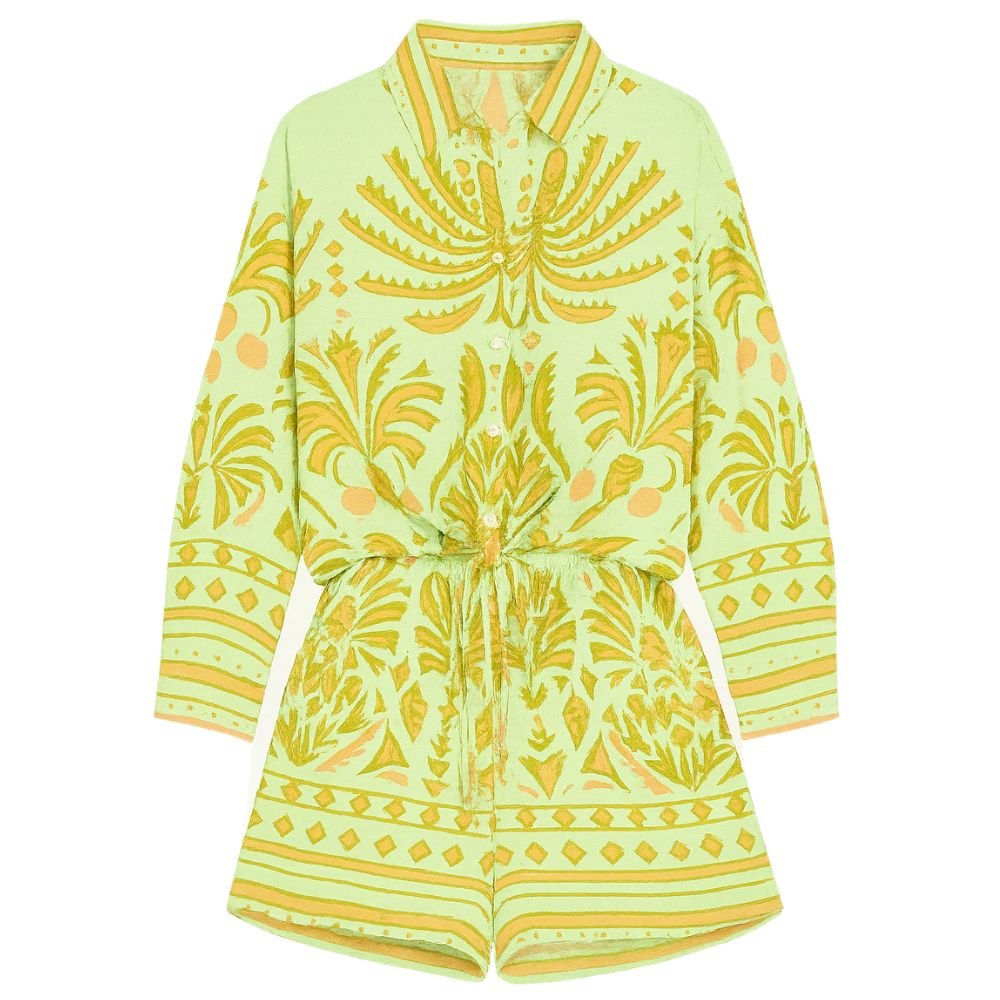 Green & Yellow Printed Co - Ord Set - Long Sleeve Shirt & Shorts - Bare Essentials