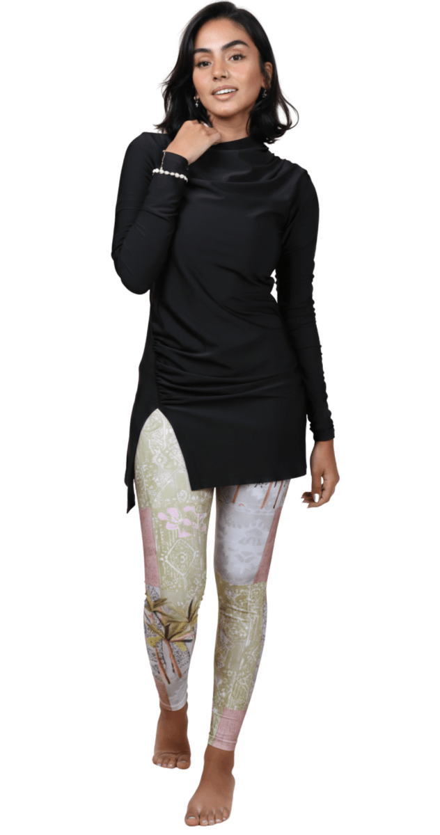Tropical print swim leggings styled with rashguard Bare Essentials Dubai