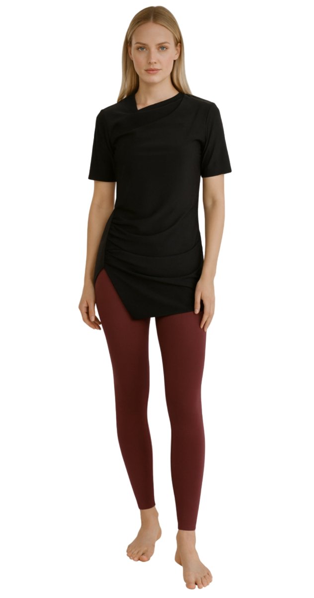 Half - sleeve Drape Swim Top (Black) - Bare Essentials