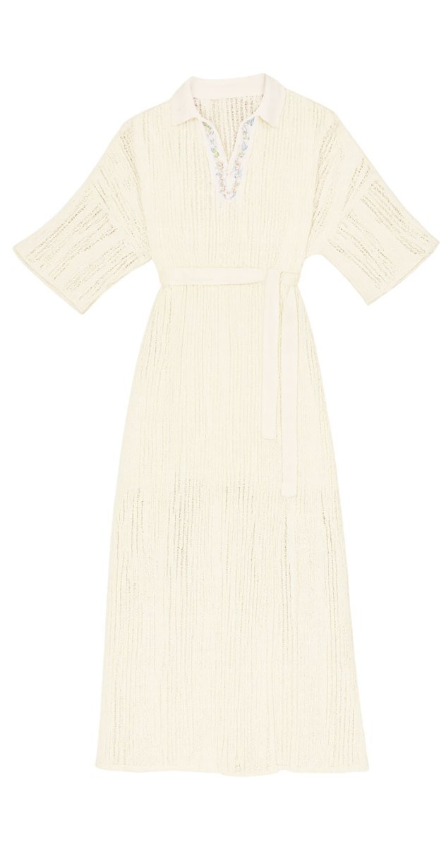 Off White Embroidered Belted Midi Dress - Bare Essentials