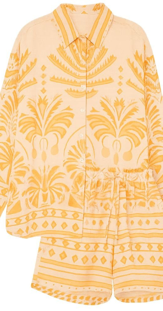 Orange Printed Co - Ord Set - Long Sleeve Shirt & Shorts - Bare Essentials
