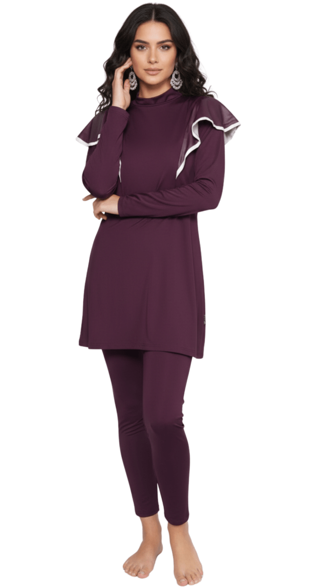 Plum Ruffle Modest Burkini Set (Satin Sleeves) - Bare Essentials