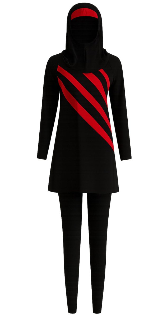 Red & Black - 3 - Piece Full Coverage Burkini Set - Bare Essentials