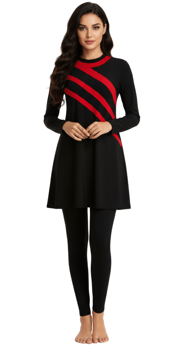 Red & Black - 3 - Piece Full Coverage Burkini Set - Bare Essentials