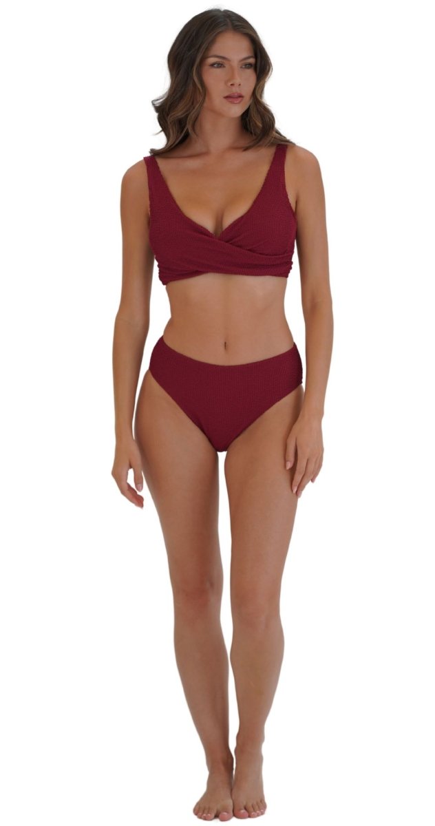 Retro Deco U/W Wrap Top (DD/E) & Mid Rise Pant - Maroon - Bare Essentials