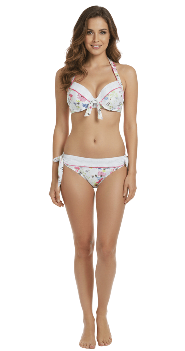 Summer Garden Piped Dual Cup U/W Halter (D/DD) & Piped Tie Tanga Pant (White) - Bare Essentials