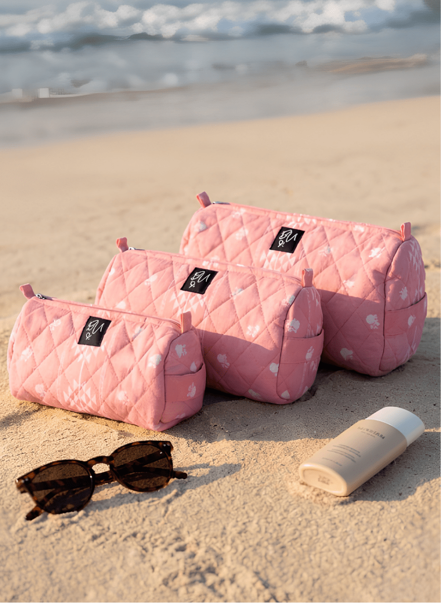 Turathi Quilted Cotton Pouch Set (Pink) - Bare Essentials
