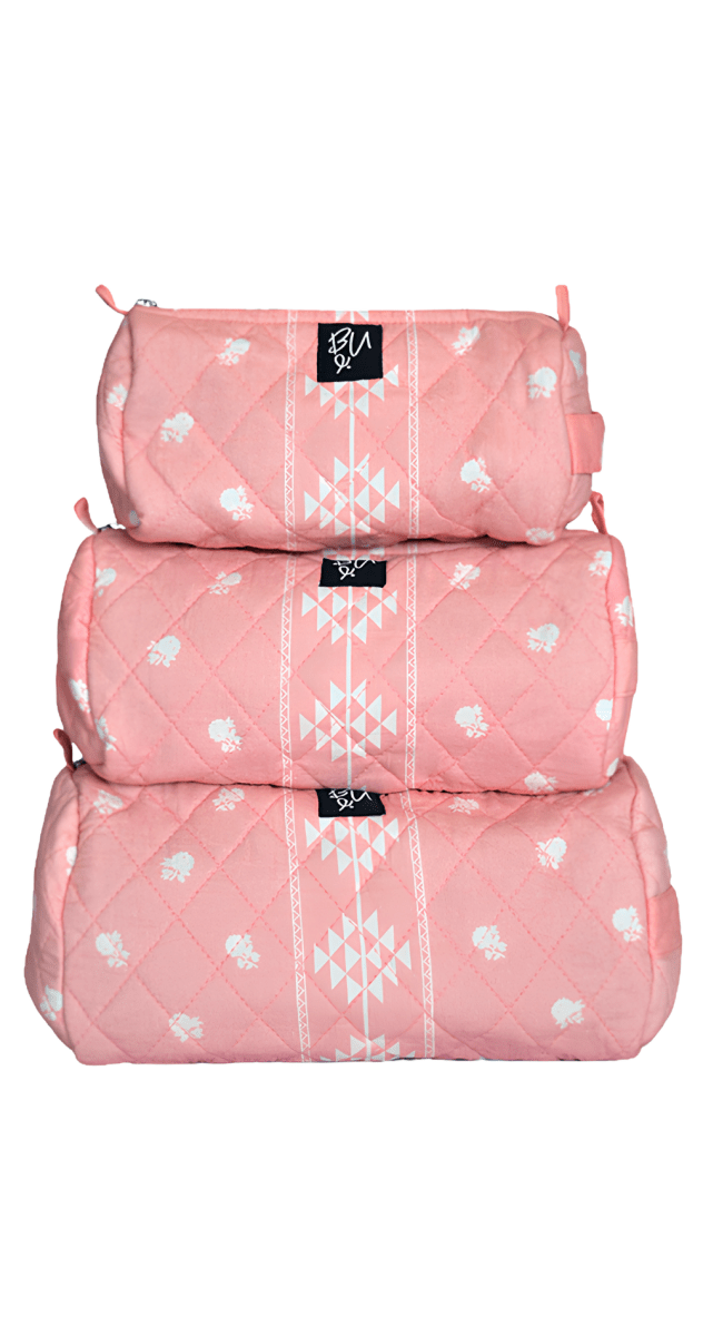 Turathi Quilted Cotton Pouch Set (Pink) - Bare Essentials