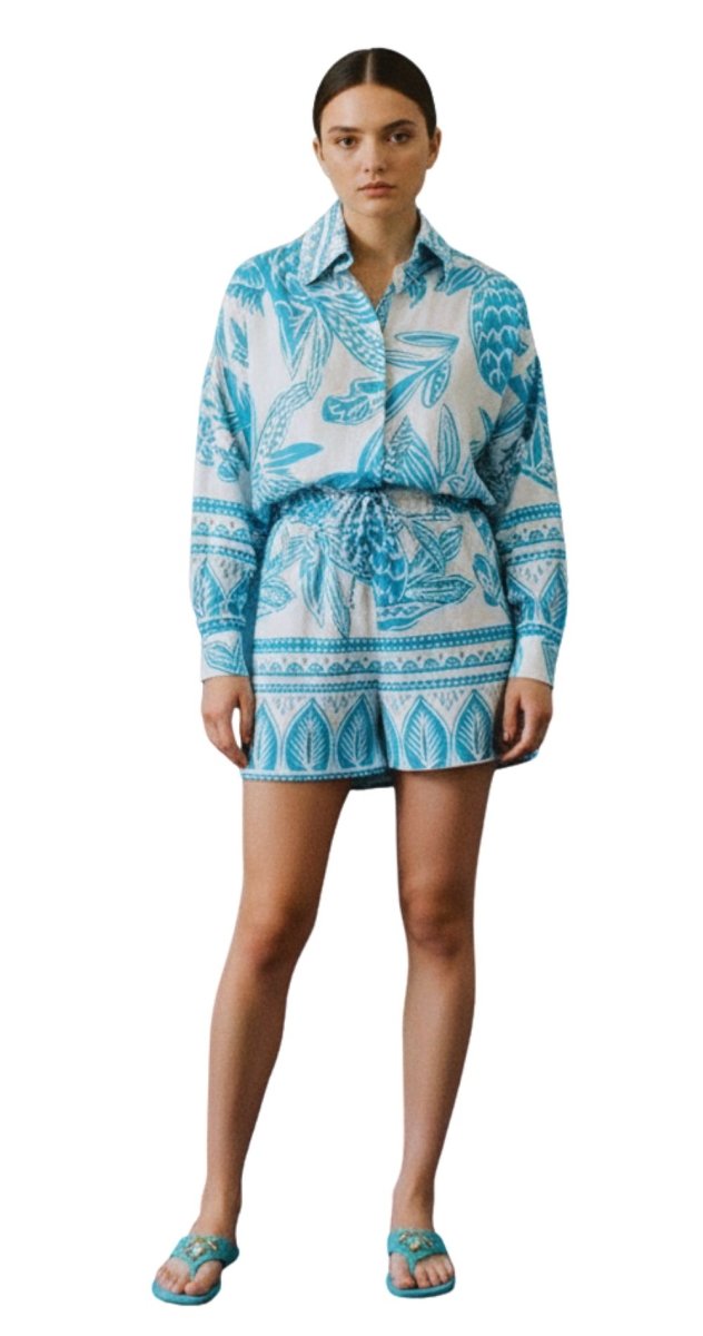Turquiose Printed Co - Ord Set - Long Sleeve Shirt & Shorts - Bare Essentials