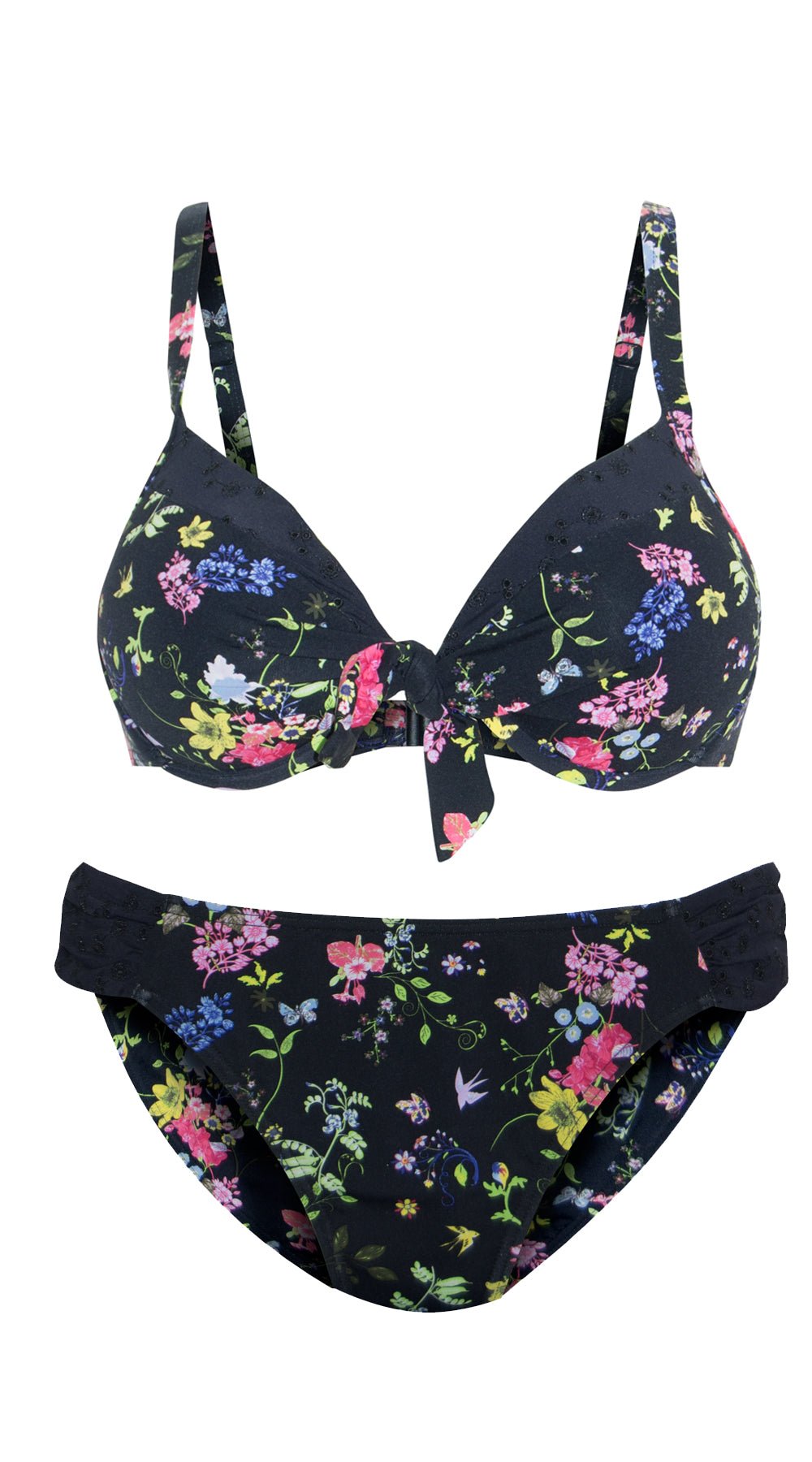 Summer Garden Dual Cup Tie Top (B/C) & Ruched Side Hipster (Black) - Bare Essentials