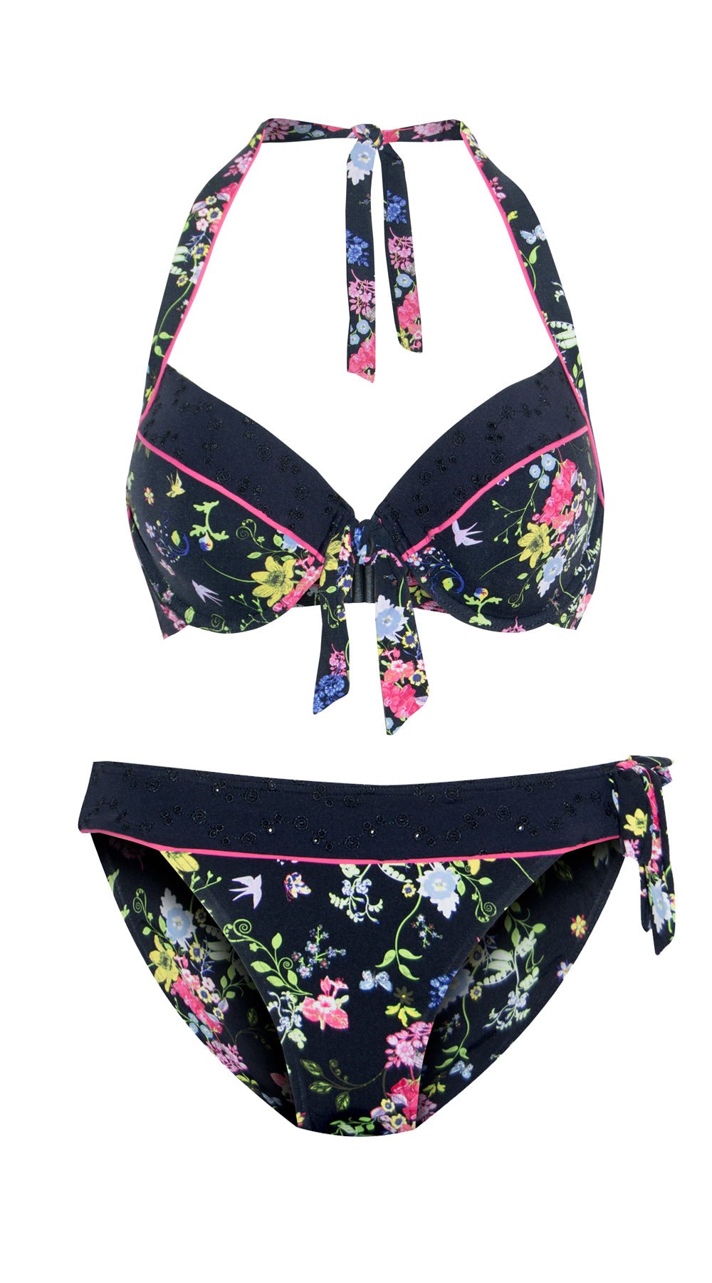 Summer Garden Piped Dual Cup U/W Halter (B/C & D/DD) & Piped Tie Tanga Pant (Black) - Bare Essentials