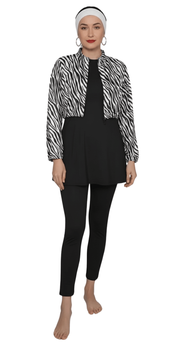 5 - in - 1 Black & White Zebra Print Burkini - Bare Essentials