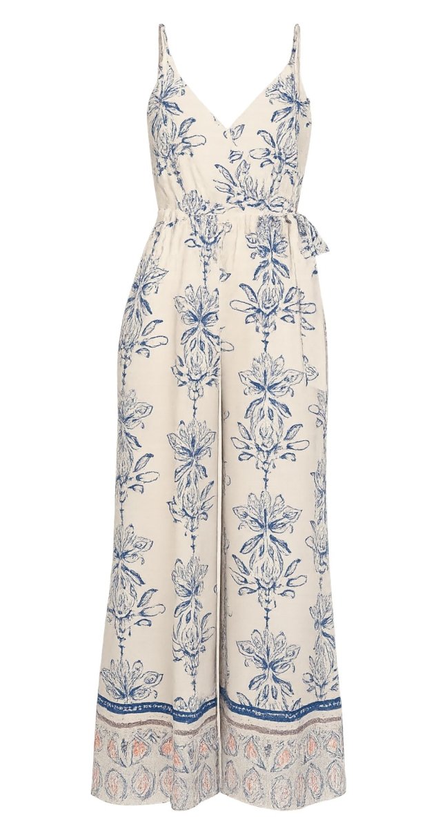 Beige & Blue Printed Wide - Leg Jumpsuit - Bare Essentials