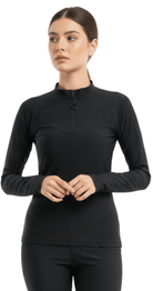 Black rashguard modest swimwear Dubai styled with swim leggings