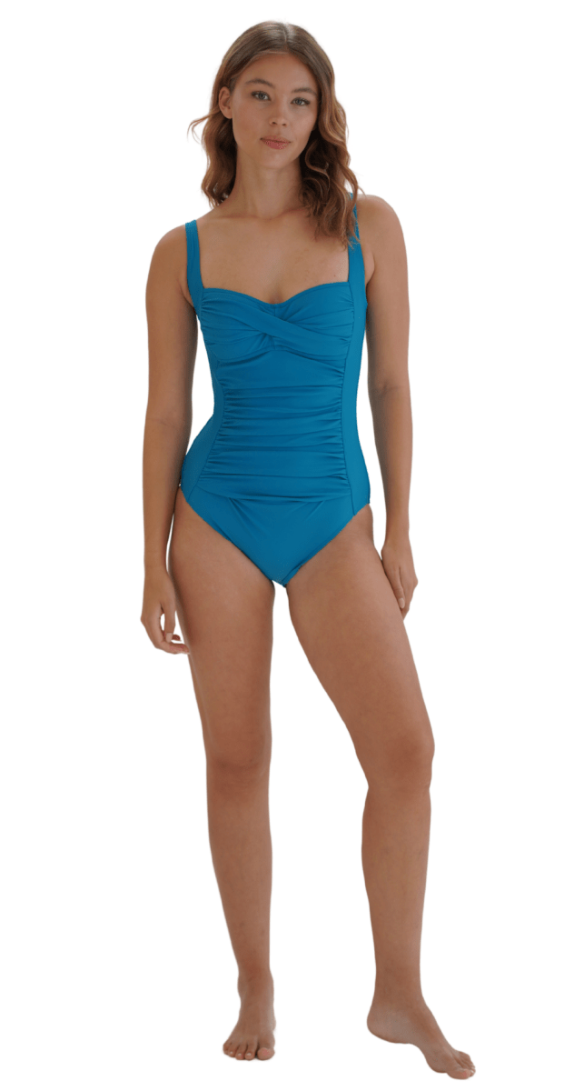 Moontide teal twist swimsuit for A–C cup with soft cup support and tummy control at Bare Essentials Swimwear Dubai