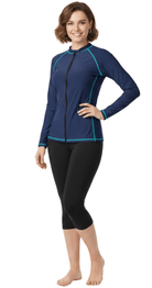 Long sleeve UPF50 blue rashguard with swim leggings Bare Essentials