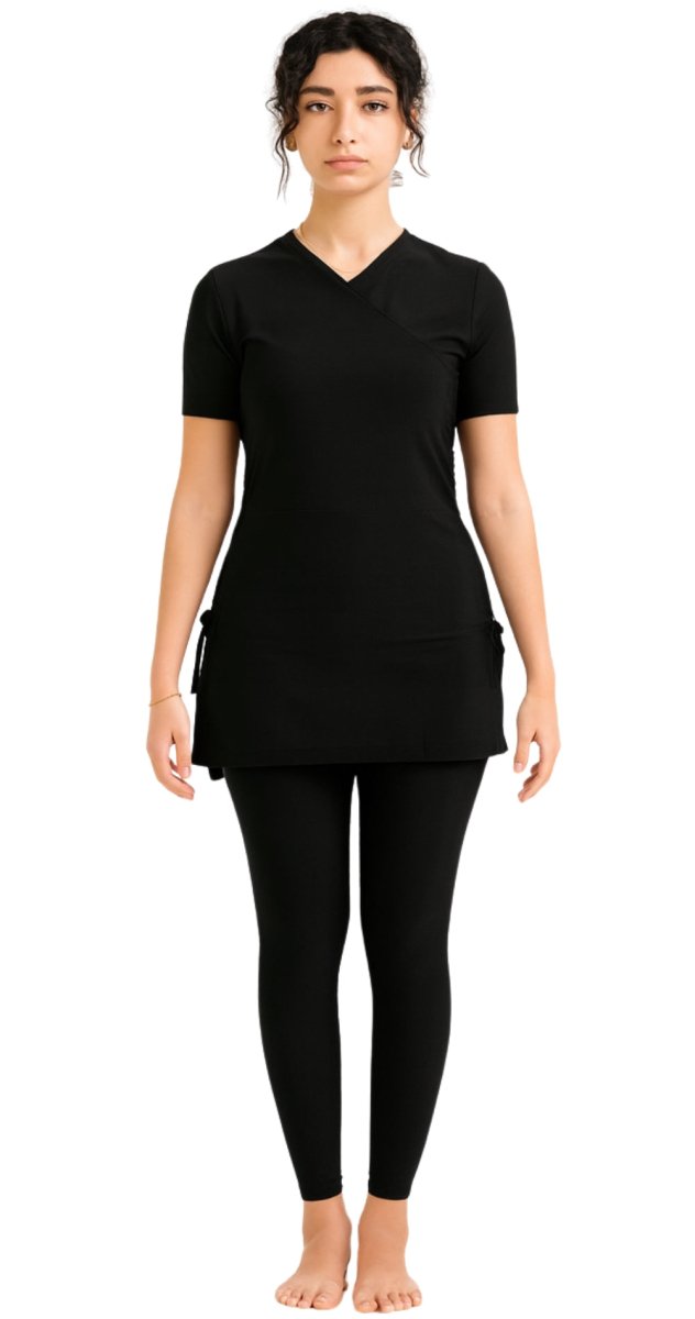 Half - sleeve Croise Swim Top (Black) - Bare Essentials