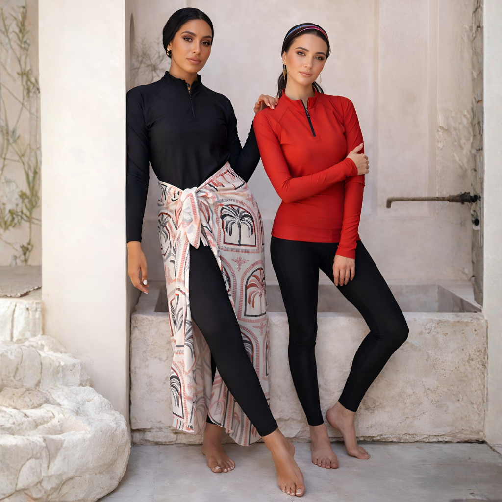 Mix-and-match rashguard tops and leggings burkini set at Bare Essentials Swimwear Dubai