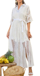 Off White Embroidered Belted Midi Dress - Bare Essentials