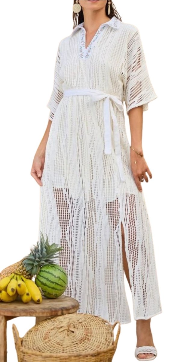 Off White Embroidered Belted Midi Dress - Bare Essentials