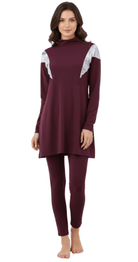 Plum Ruffle Modest Burkini Set (Printed Sleeves) - Bare Essentials