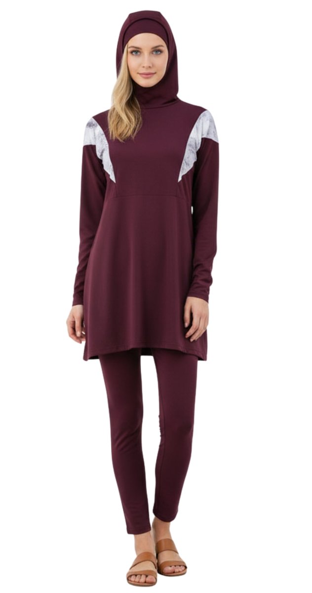 Plum Ruffle Modest Burkini Set (Printed Sleeves) - Bare Essentials