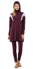 Plum Ruffle Modest Burkini Set (Printed Sleeves) - Bare Essentials