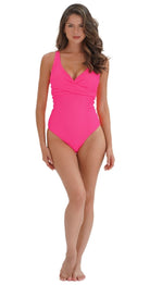 Moontide Retro Deco Underwire Wrap Swimsuit DD/E Hot Pink fuller bust swimwear Dubai Bare Essentials