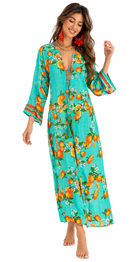 Taormina Turquoise Orange Print 100% Cotton Maxi Kaftan - Bare Essentials