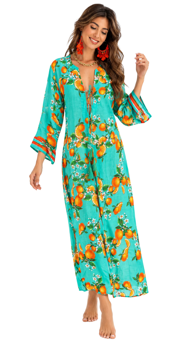 Taormina Turquoise Orange Print 100% Cotton Maxi Kaftan - Bare Essentials
