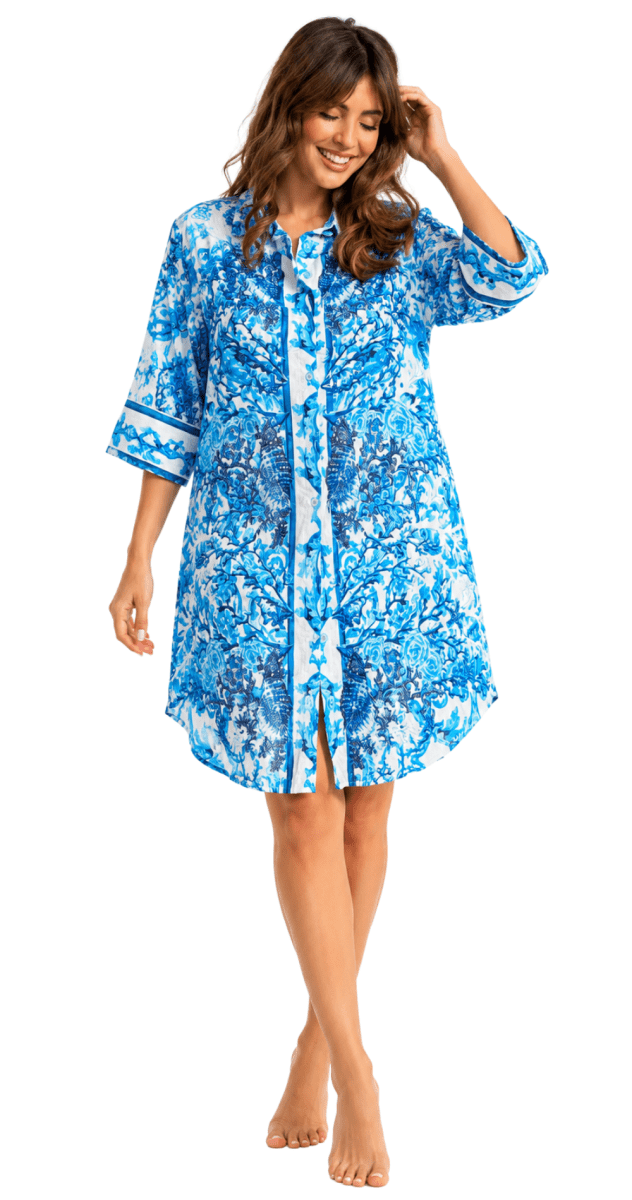 Varenna Blue & White Floral 100% Cotton Open Front Dress - Bare Essentials