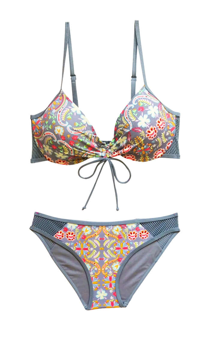 Breezy Floral Mesh Adjustable U/W (DD/E) & Mesh Hipster Pant - Grey - Bare Essentials