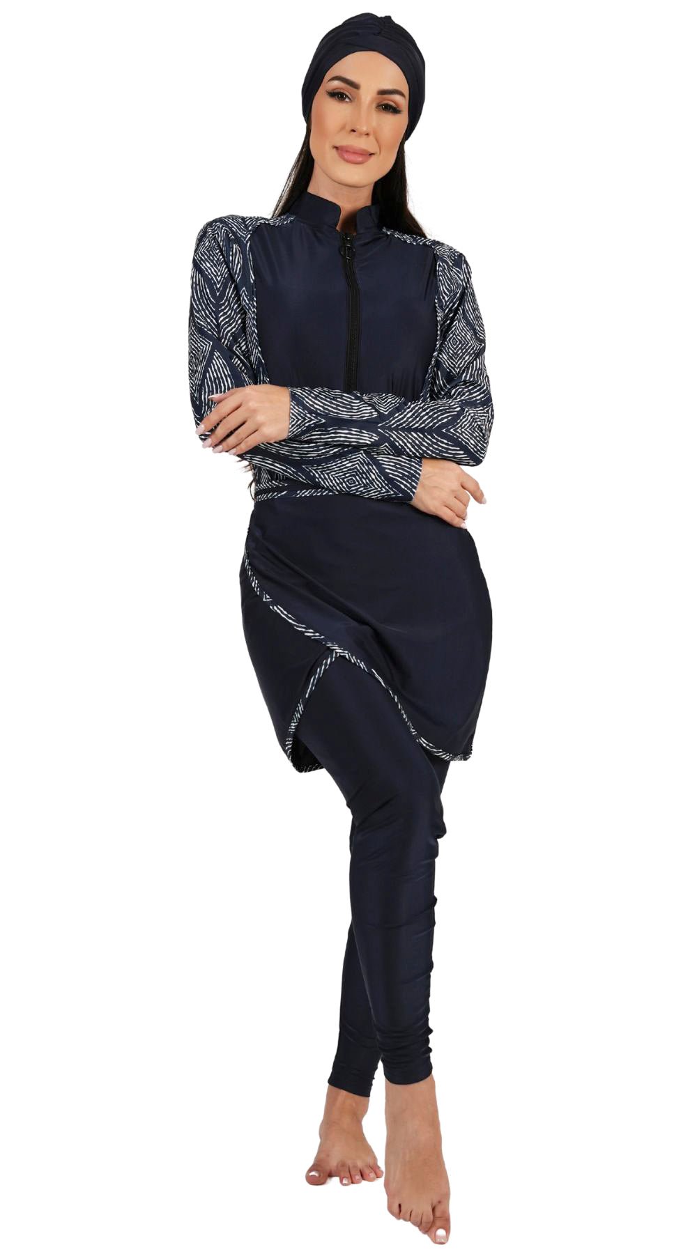 Essentials 4-Piece Full Coverage Printed Burkini Set (Navy) - Bare Essentials
Modest Islamic Swimsuit